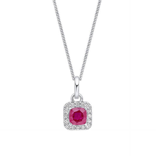 Elements Gold Cushion Cut Ruby with Diamond Halo Pendant