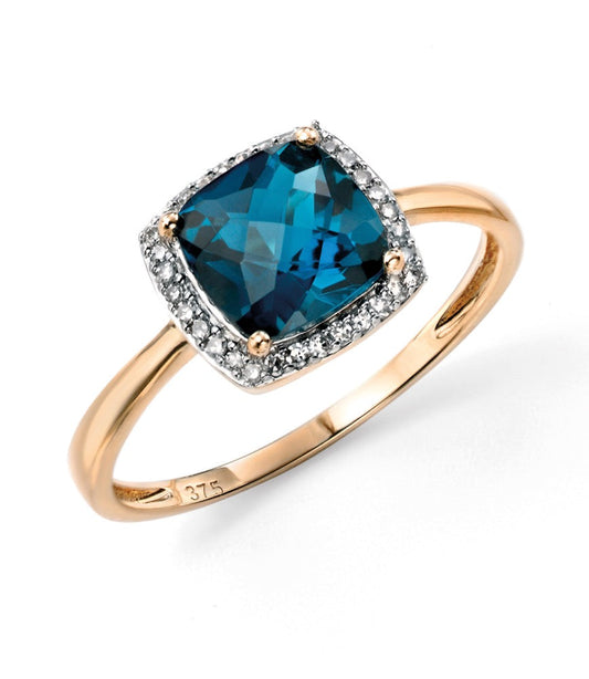 Elements Gold Checkerboard London Blue Topaz Ring with Diamond Surround