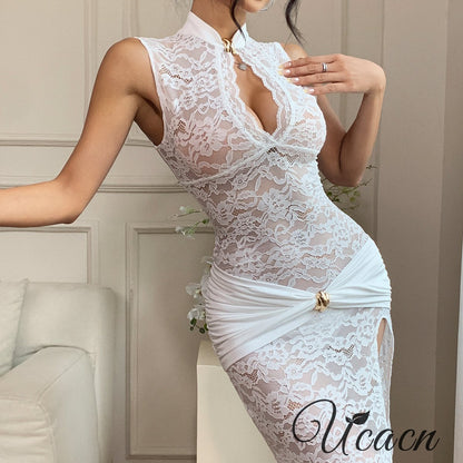 Sexy Lace Hollow High Slit Slim Sleeveless Dress
