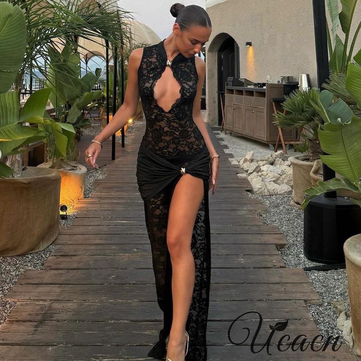 Sexy Lace Hollow High Slit Slim Sleeveless Dress