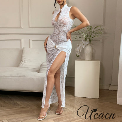 Sexy Lace Hollow High Slit Slim Sleeveless Dress