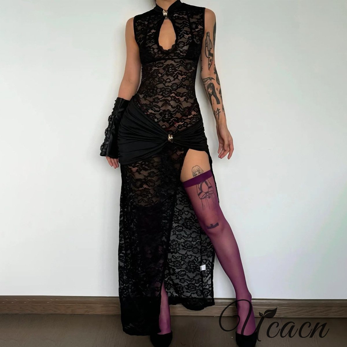 Sexy Lace Hollow High Slit Slim Sleeveless Dress
