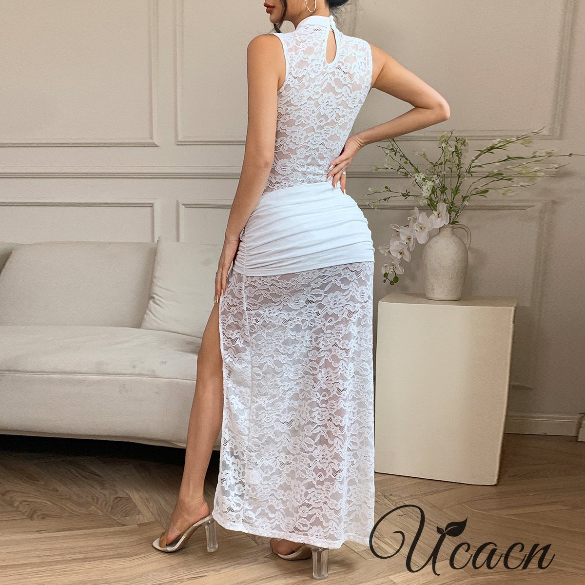 Sexy Lace Hollow High Slit Slim Sleeveless Dress