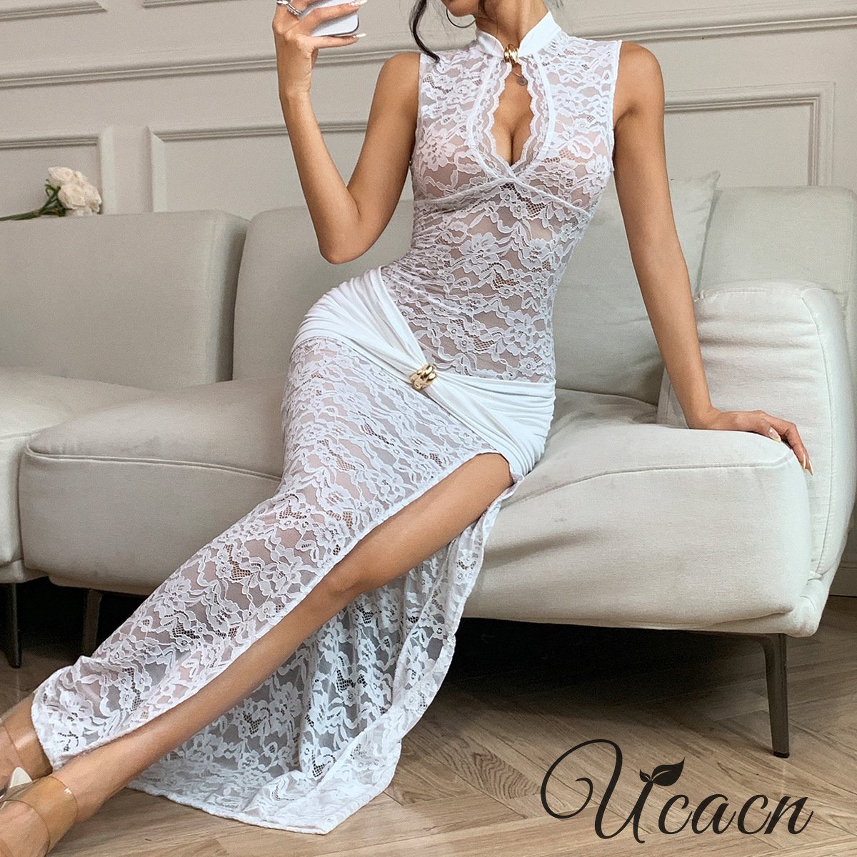 Sexy Lace Hollow High Slit Slim Sleeveless Dress