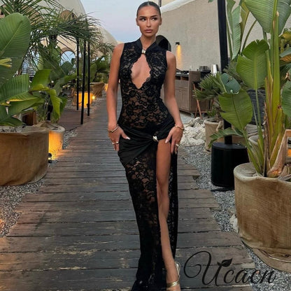 Sexy Lace Hollow High Slit Slim Sleeveless Dress